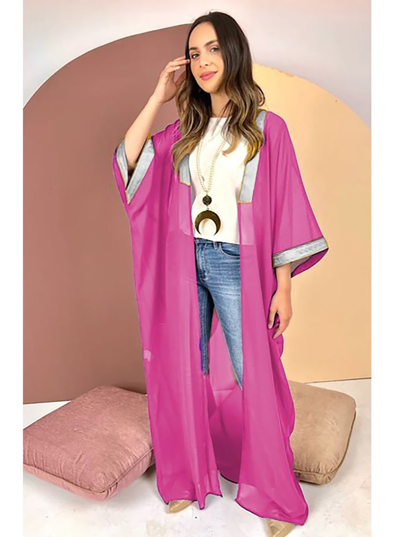 SunSet Kaftan Abaya Silver Embroidered Chiffon Sunset pink - Image 1